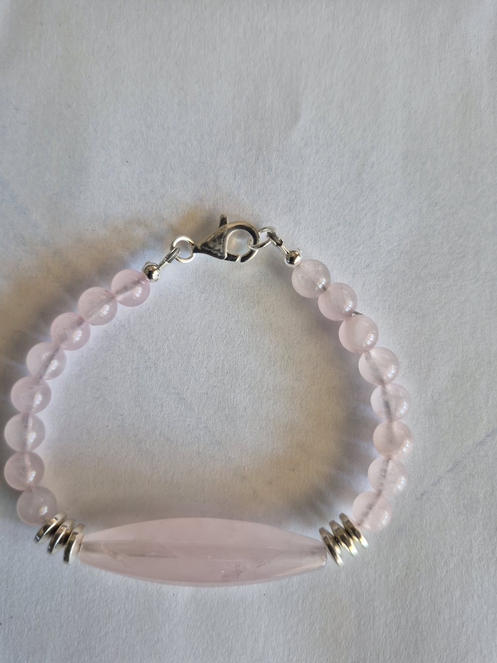 Rose Quartz Beaded Bracelet with Silver Accents 7"